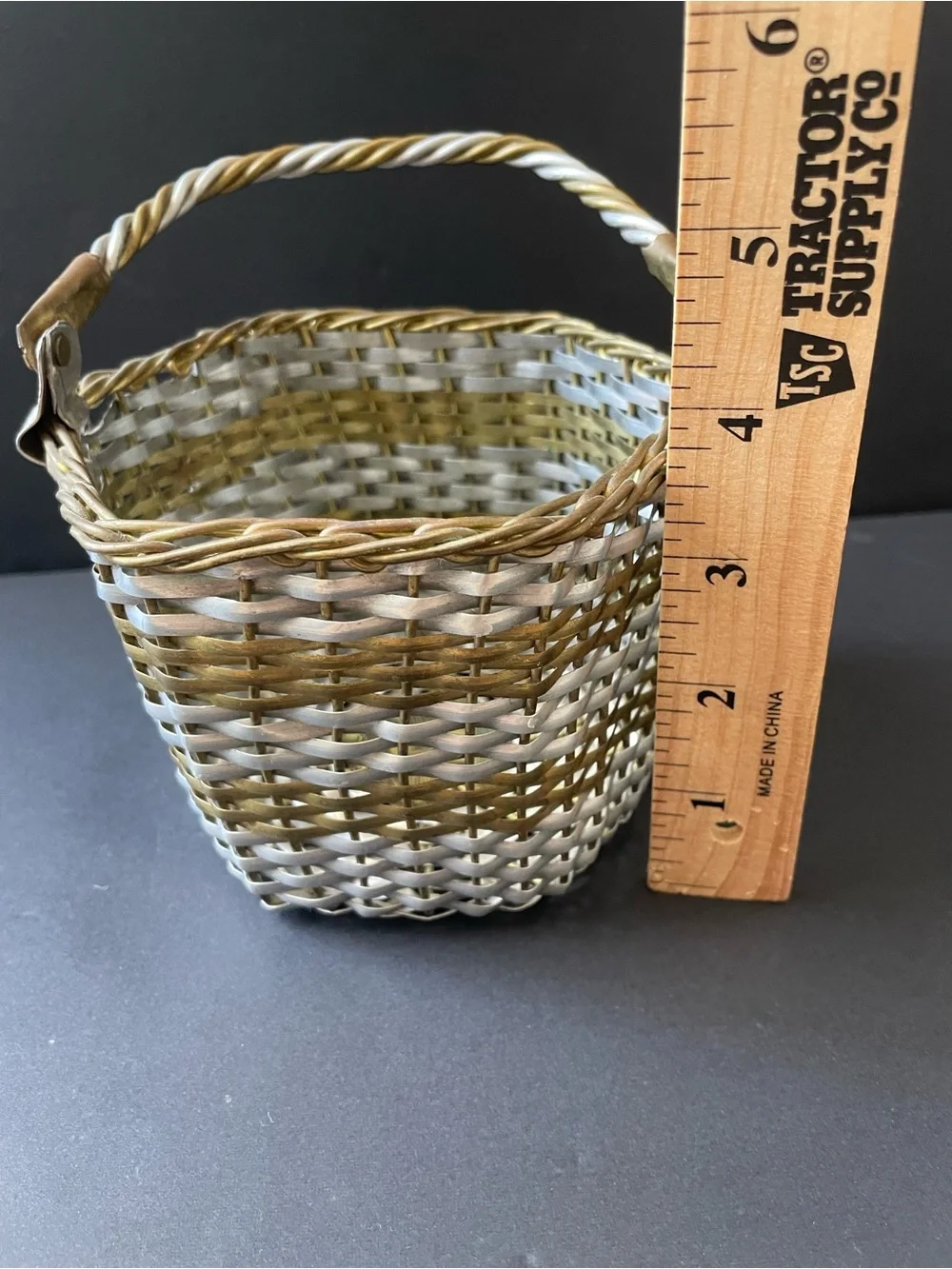 Vintage 2pc Small Woven Decorative Brass Wire Basket Set Round Gold & Silver